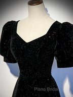 Black A-line Velvet Long Formal Prom Dresses Party Dresses, Black Short Sleeves Formal Prom Dresses
