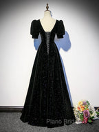 Black A-line Velvet Long Formal Prom Dresses Party Dresses, Black Short Sleeves Formal Prom Dresses