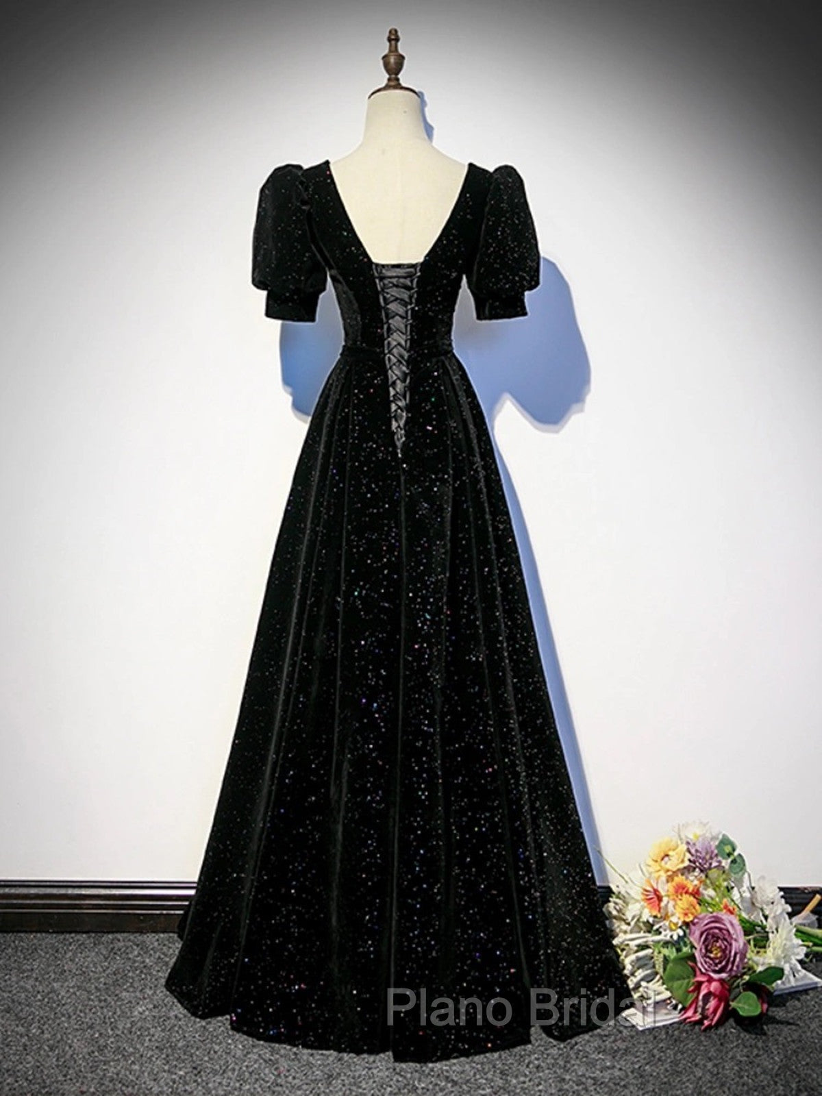 Black A-line Velvet Long Formal Prom Dresses Party Dresses, Black Short Sleeves Formal Prom Dresses