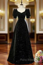 Black A-line Velvet Long Formal Prom Dresses Party Dresses, Black Short Sleeves Formal Prom Dresses