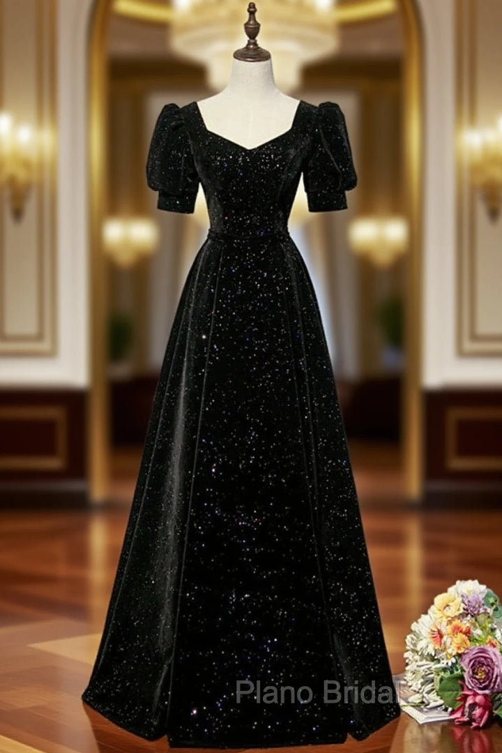 Black A-line Velvet Long Formal Prom Dresses Party Dresses, Black Short Sleeves Formal Prom Dresses