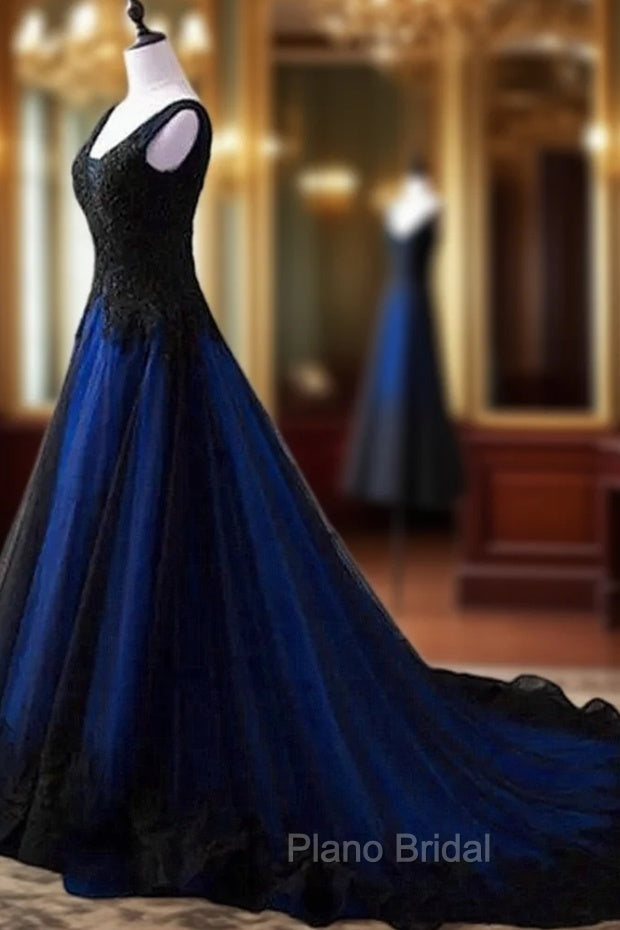 Black and Blue V-neckline Lace Applique Long Formal Dresses, Black and Blue Formal Prom Dresses