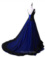 Black and Blue V-neckline Lace Applique Long Formal Dresses, Black and Blue Formal Prom Dresses