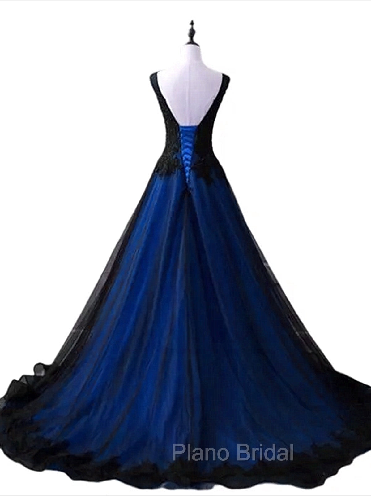 Black and Blue V-neckline Lace Applique Long Formal Dresses, Black and Blue Formal Prom Dresses
