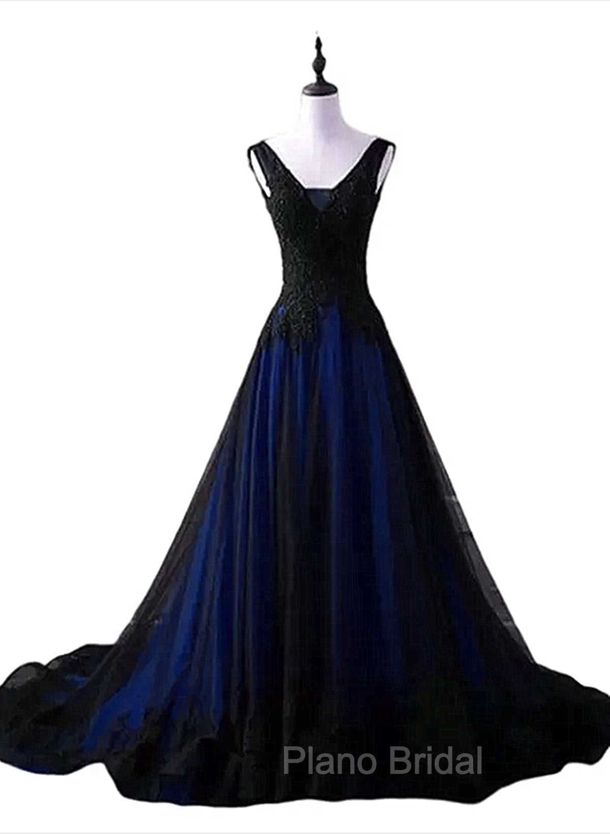 Black and Blue V-neckline Lace Applique Long Formal Dresses, Black and Blue Formal Prom Dresses Main image