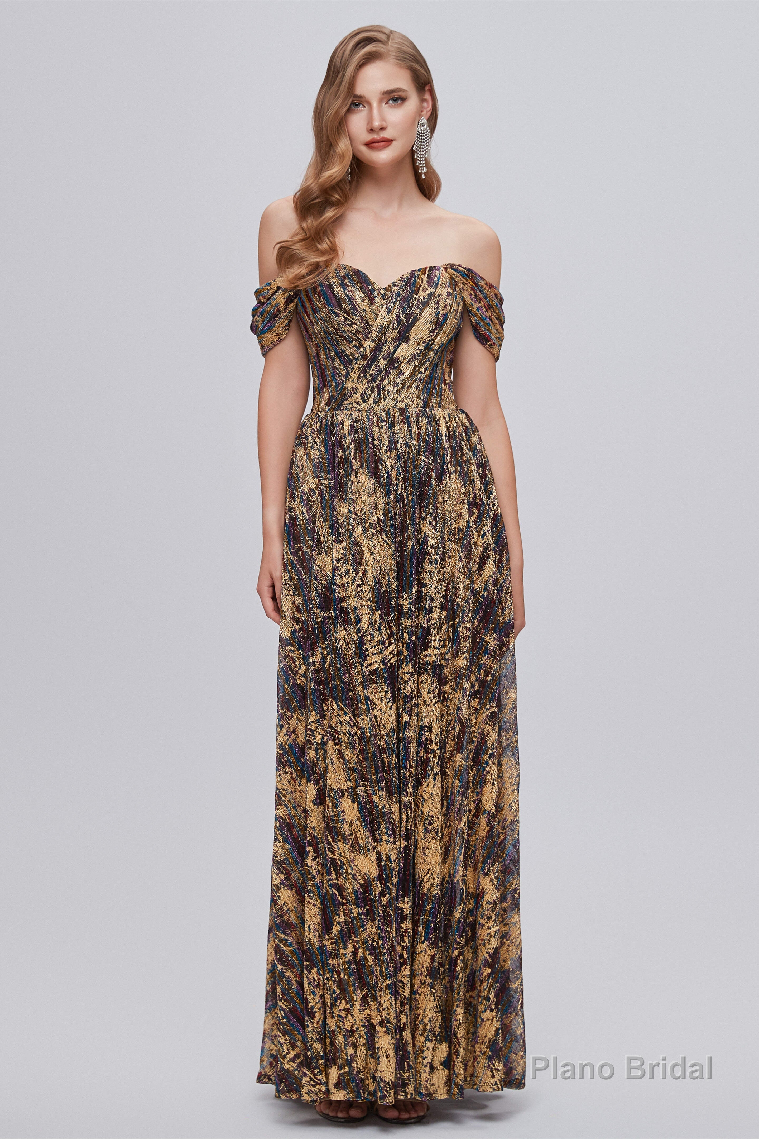 Black and Brown Floral Print Off-the-Shoulder A-Line Long Prom Dress