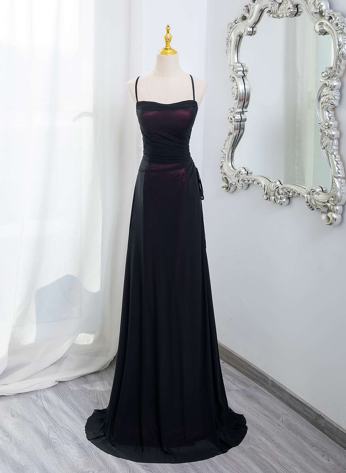 Black And Burgundy Scoop Straps Lace-Up Long Party Dresses, Simple Long Formal Prom Dresses Main image