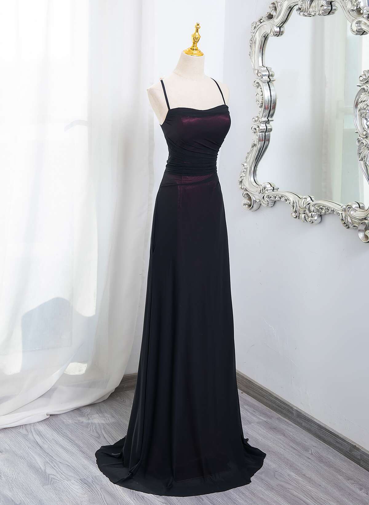 Black And Burgundy Scoop Straps Lace-Up Long Party Dresses, Simple Long Formal Prom Dresses