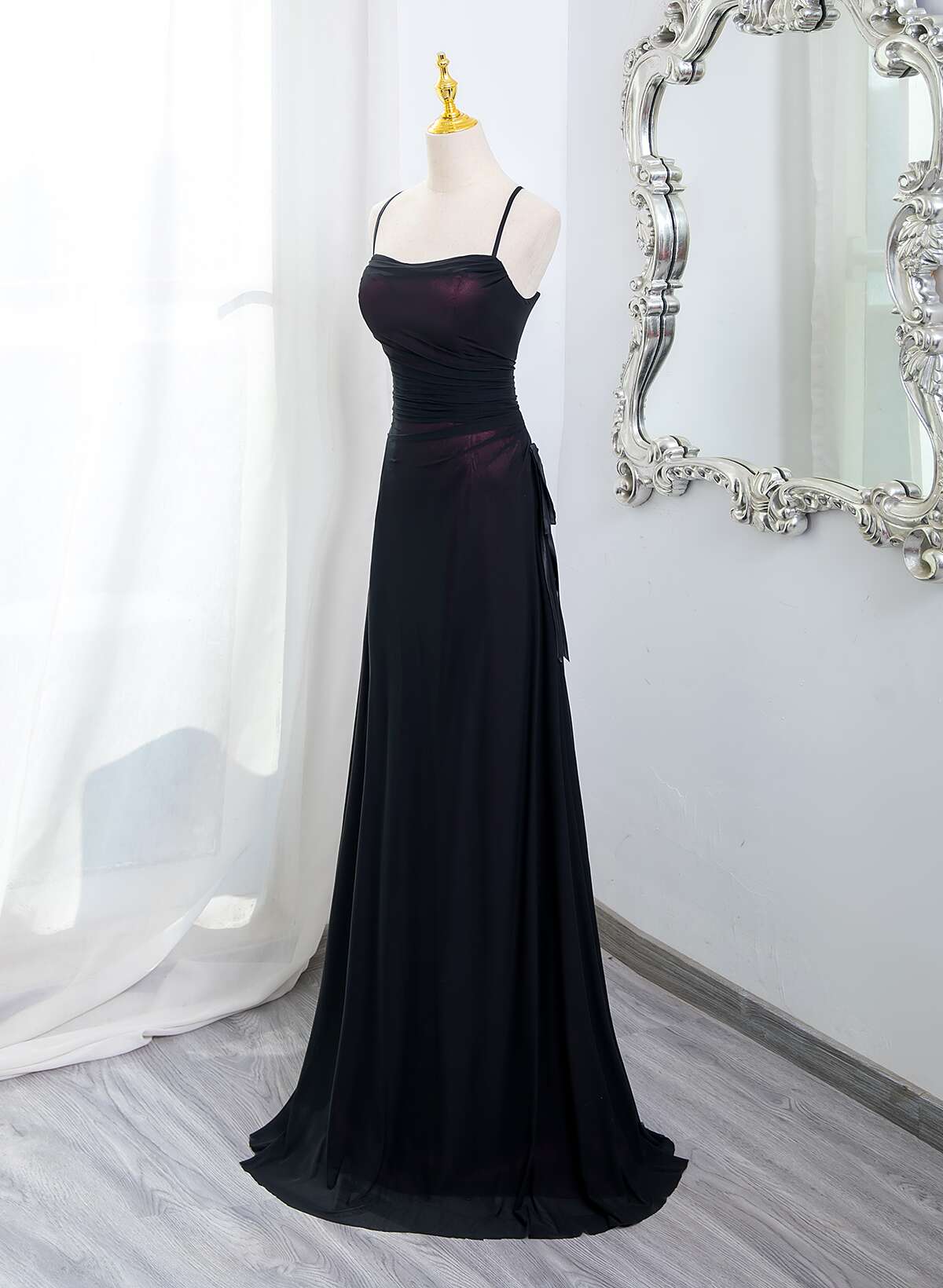Black And Burgundy Scoop Straps Lace-Up Long Party Dresses, Simple Long Formal Prom Dresses