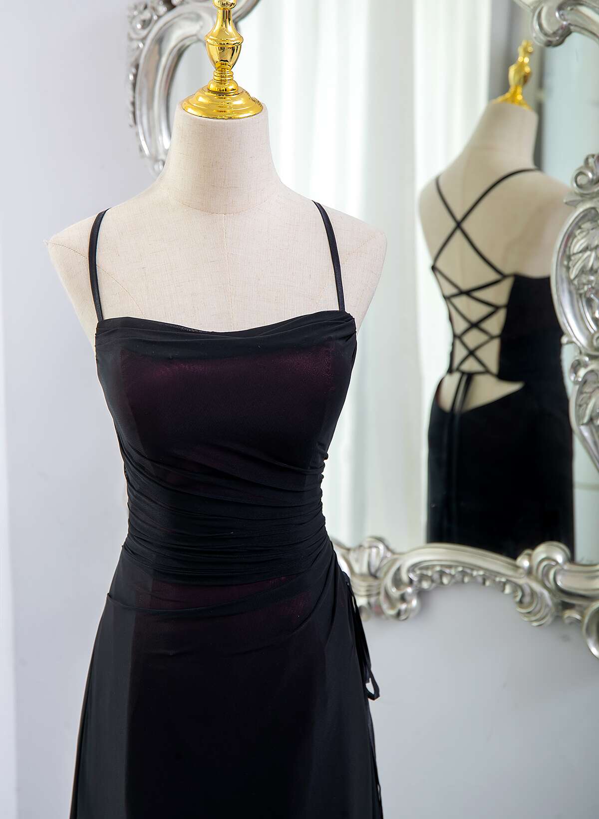 Black And Burgundy Scoop Straps Lace-Up Long Party Dresses, Simple Long Formal Prom Dresses