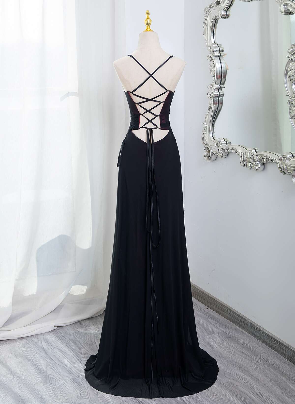 Black And Burgundy Scoop Straps Lace-Up Long Party Dresses, Simple Long Formal Prom Dresses