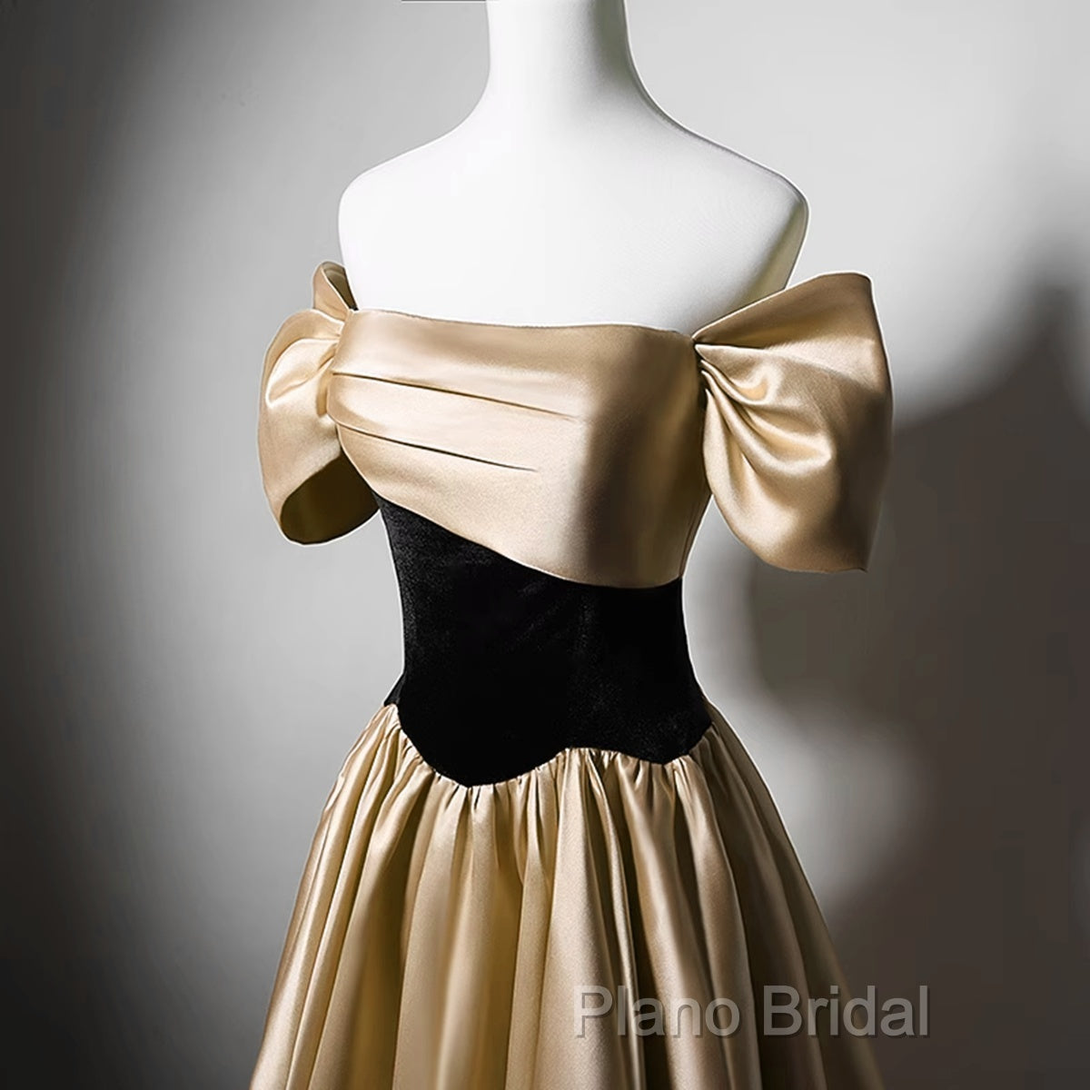 Black And Champagne Satin Long Party Dresses, Off Shoulder Satin Formal Prom Dresses Secondary image