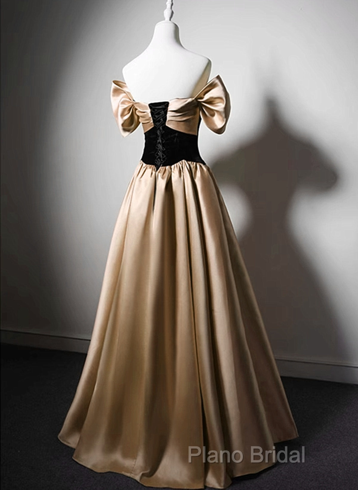 Black And Champagne Satin Long Party Dresses, Off Shoulder Satin Formal Prom Dresses