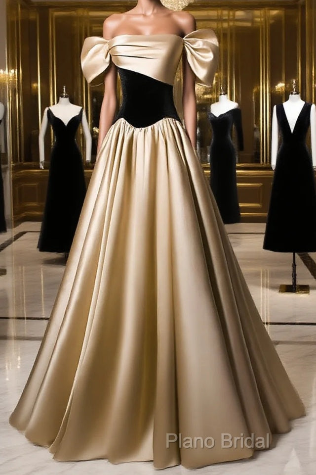 Black And Champagne Satin Long Party Dresses, Off Shoulder Satin Formal Prom Dresses Main image