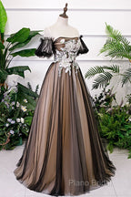 Black And Champagne Short Sleeves Tulle With Lace Party Dresses, A-Line Floor Length Formal Prom Dresses