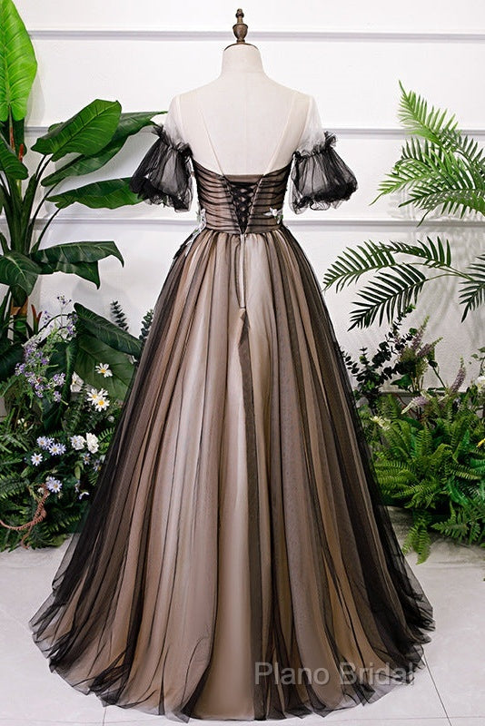 Black And Champagne Short Sleeves Tulle With Lace Party Dresses, A-Line Floor Length Formal Prom Dresses