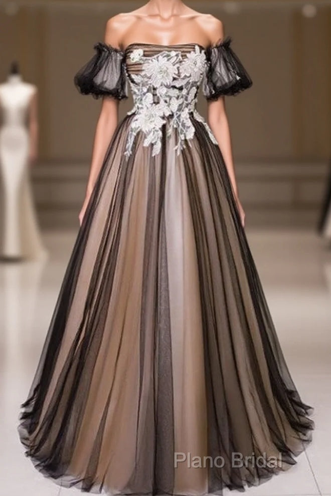 Black And Champagne Short Sleeves Tulle With Lace Party Dresses, A-Line Floor Length Formal Prom Dresses Main image