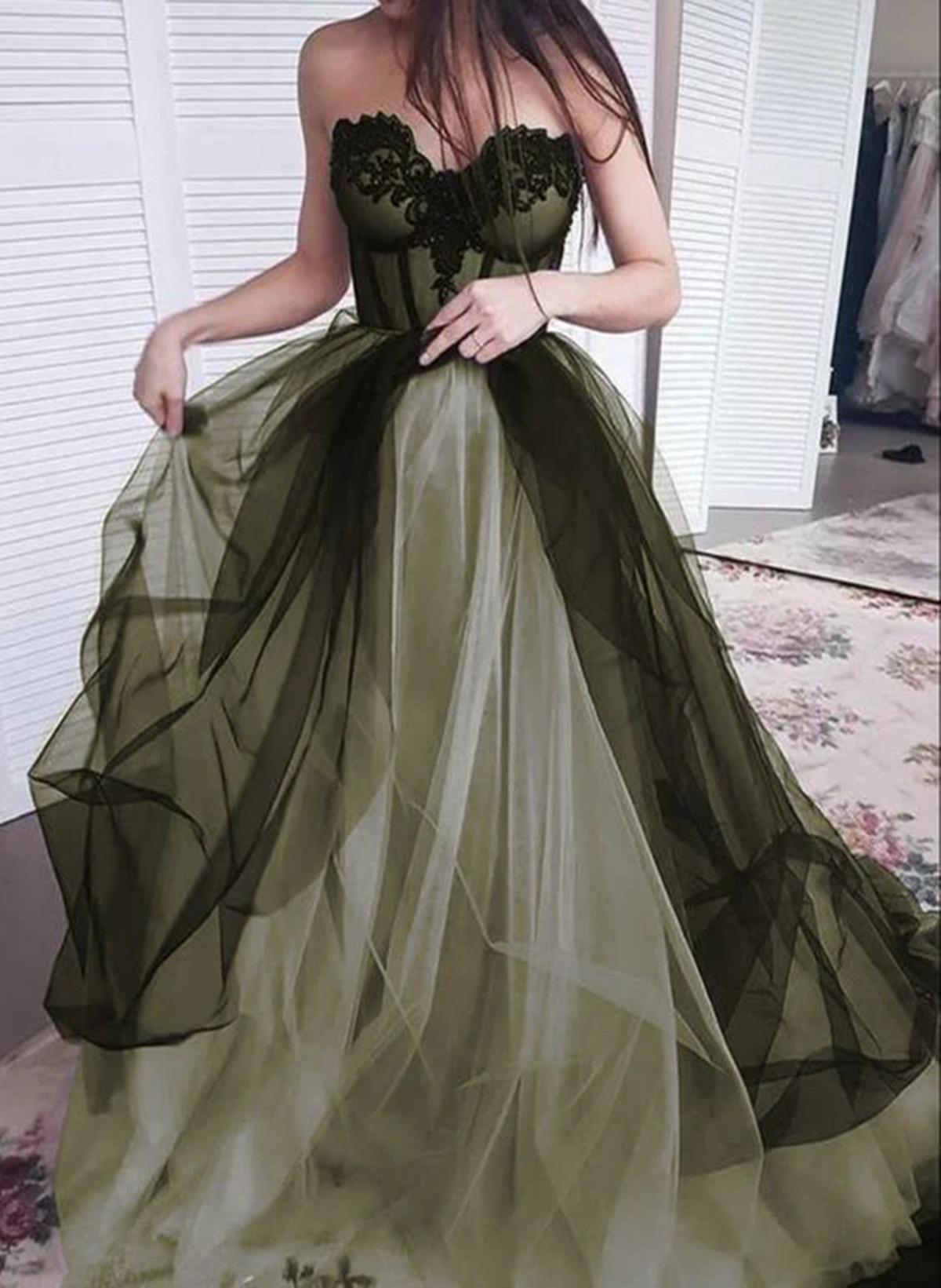 Black And Green Sweetheart Tulle With Lace Formal Dresses, A-Line Lace-Up Formal Prom Dresses