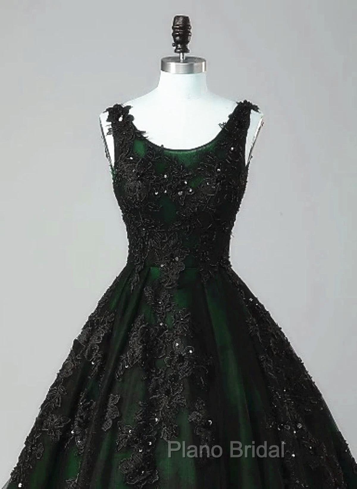 Black and Green Tulle with Lace Long Party Dresses, A-line Low Back Evening Dresses Secondary image