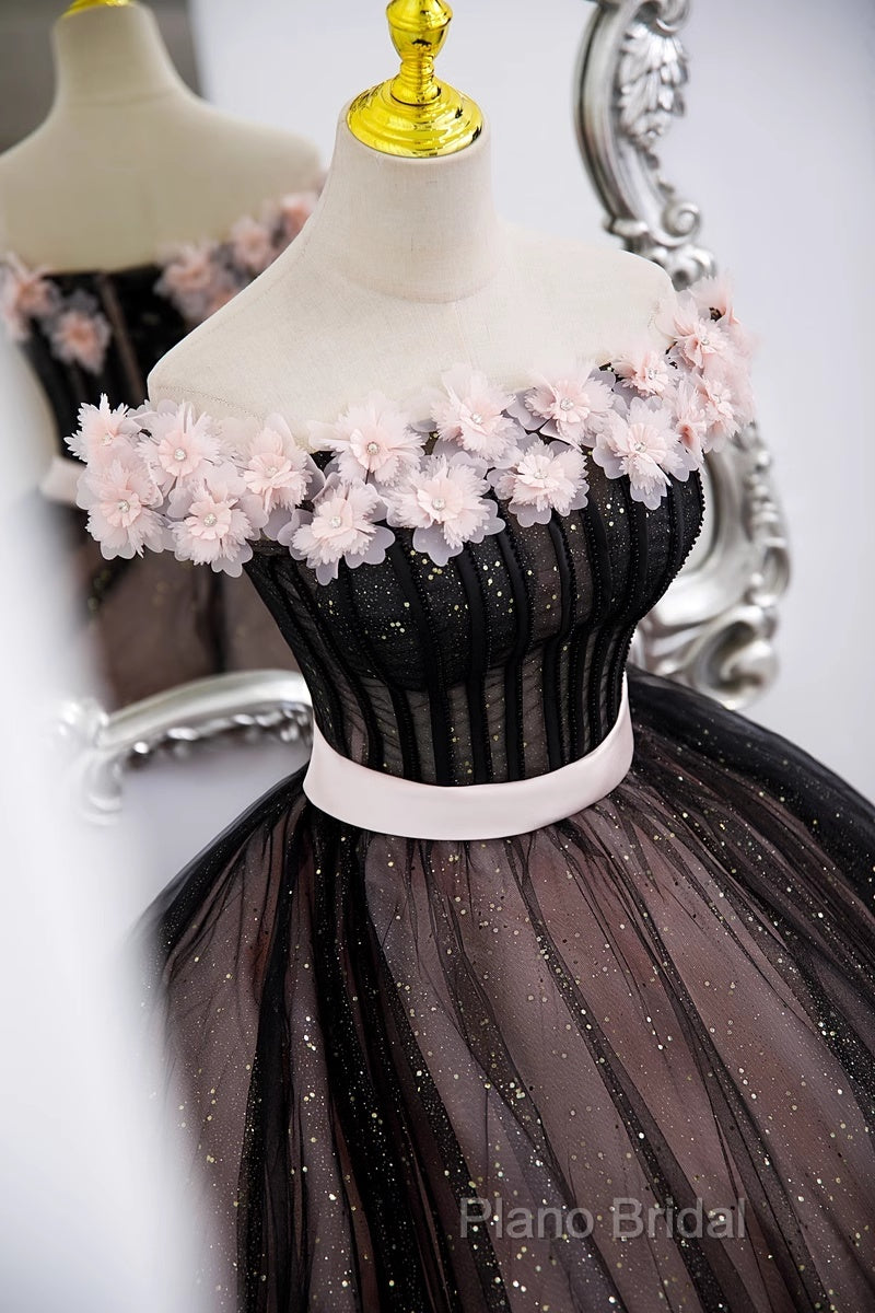 Black And Pink Tulle With Flowers Off Shoulder Party Dresses, Tulle Sweet 16 Dresses Secondary image