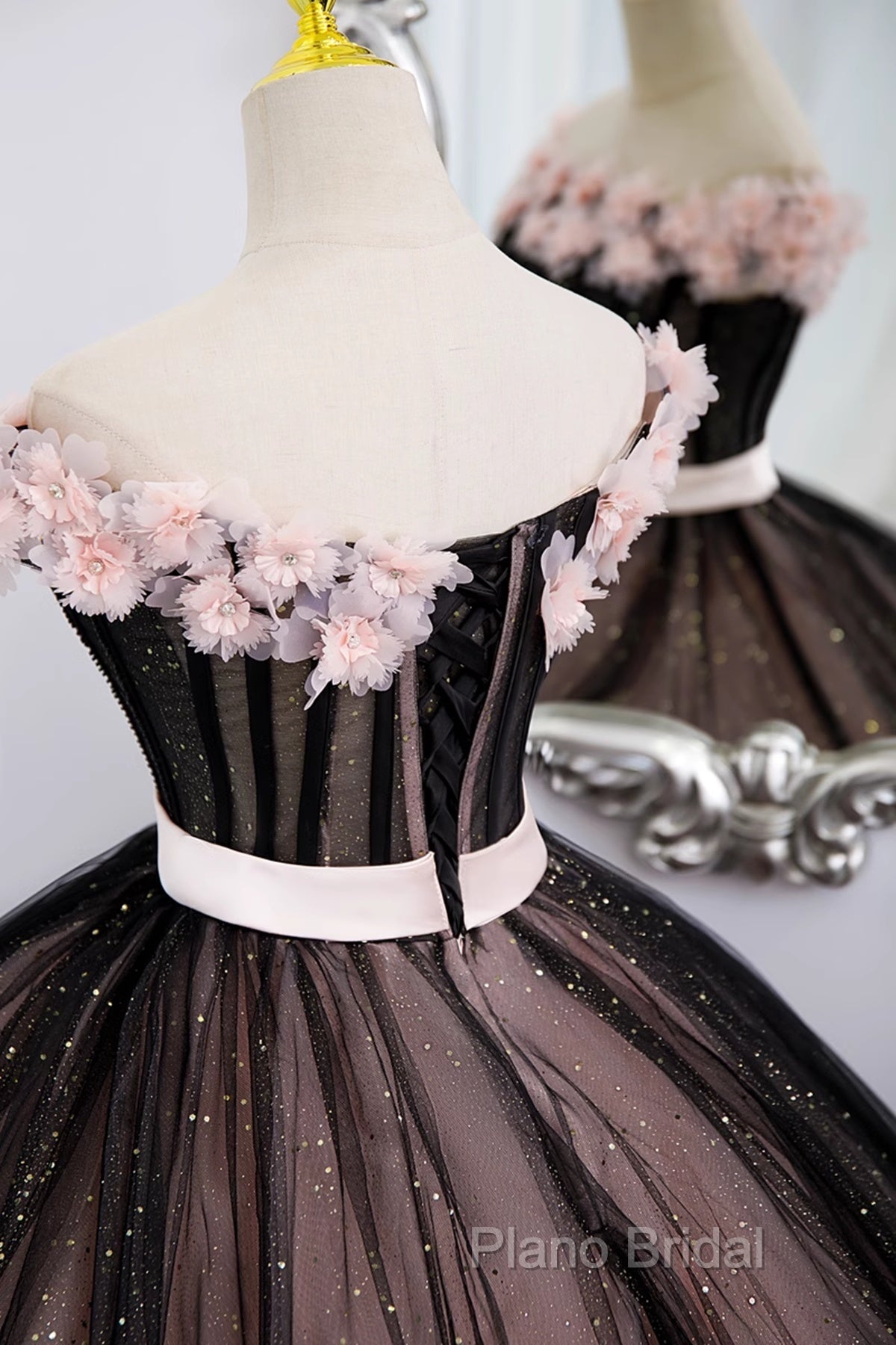 Black And Pink Tulle With Flowers Off Shoulder Party Dresses, Tulle Sweet 16 Dresses