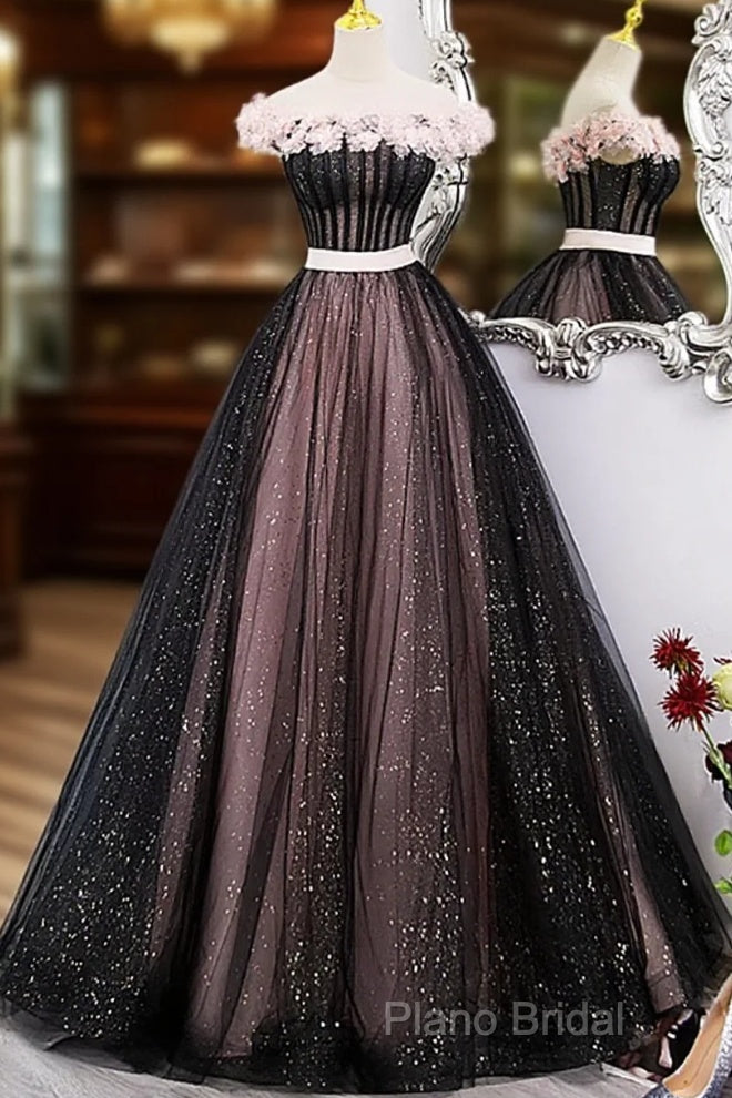 Black And Pink Tulle With Flowers Off Shoulder Party Dresses, Tulle Sweet 16 Dresses Main image