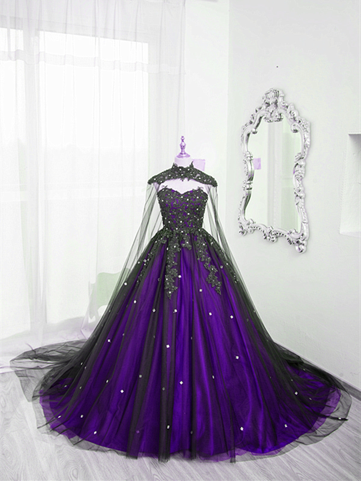 Black And Purple Beaded Tulle Ball Gown Sweet 16 Dresses, Black And Purple Party Dresses With Cap Main image