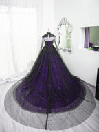 Black And Purple Beaded Tulle Ball Gown Sweet 16 Dresses, Black And Purple Party Dresses With Cap