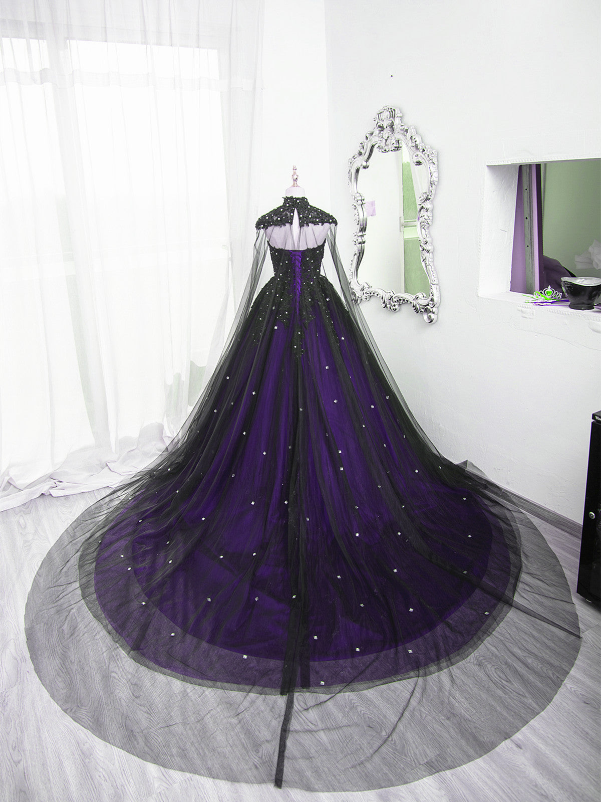 Black And Purple Beaded Tulle Ball Gown Sweet 16 Dresses, Black And Purple Party Dresses With Cap