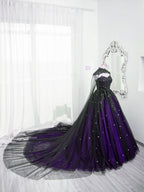 Black And Purple Beaded Tulle Ball Gown Sweet 16 Dresses, Black And Purple Party Dresses With Cap