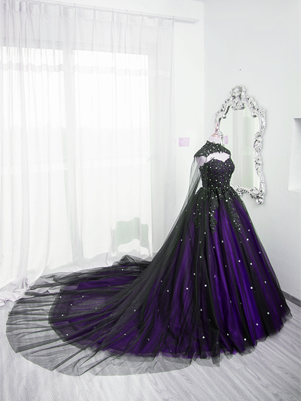 Black And Purple Beaded Tulle Ball Gown Sweet 16 Dresses, Black And Purple Party Dresses With Cap