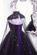 Black And Purple Beaded Tulle Ball Gown Sweet 16 Dresses, Black And Purple Party Dresses With Cap