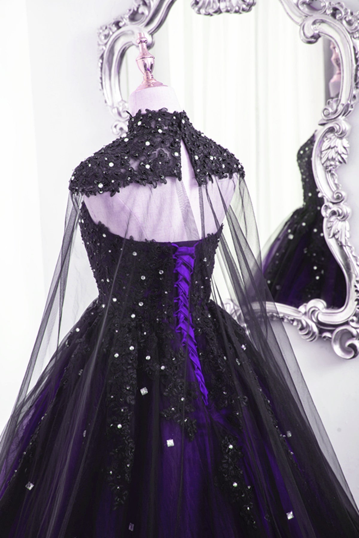 Black And Purple Beaded Tulle Ball Gown Sweet 16 Dresses, Black And Purple Party Dresses With Cap