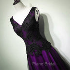 Black and Purple V-neckline A-line Formal Prom Dresses, Tulle with Lace Party Dresses
