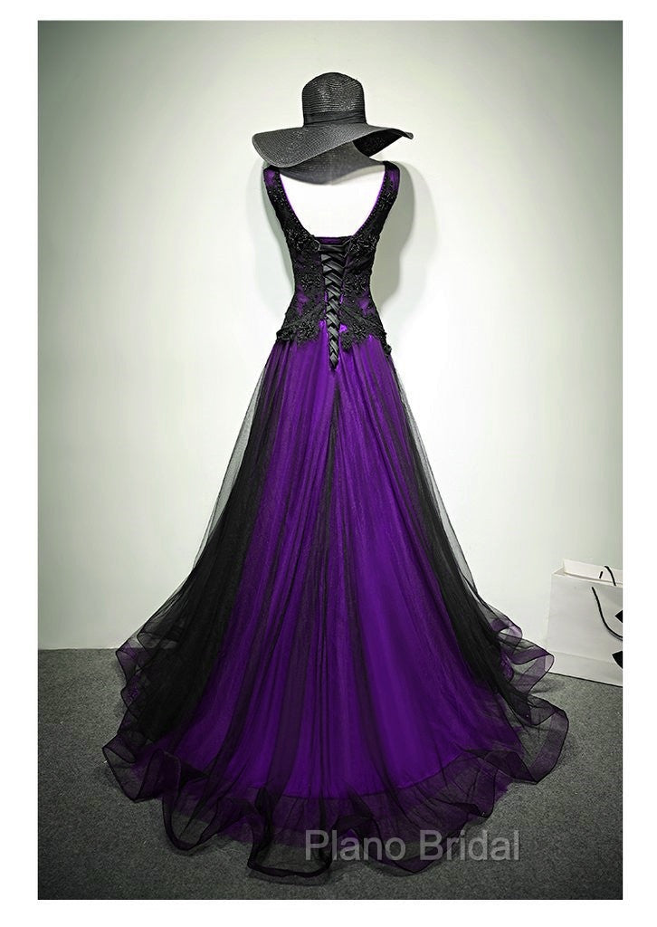 Black and Purple V-neckline A-line Formal Prom Dresses, Tulle with Lace Party Dresses