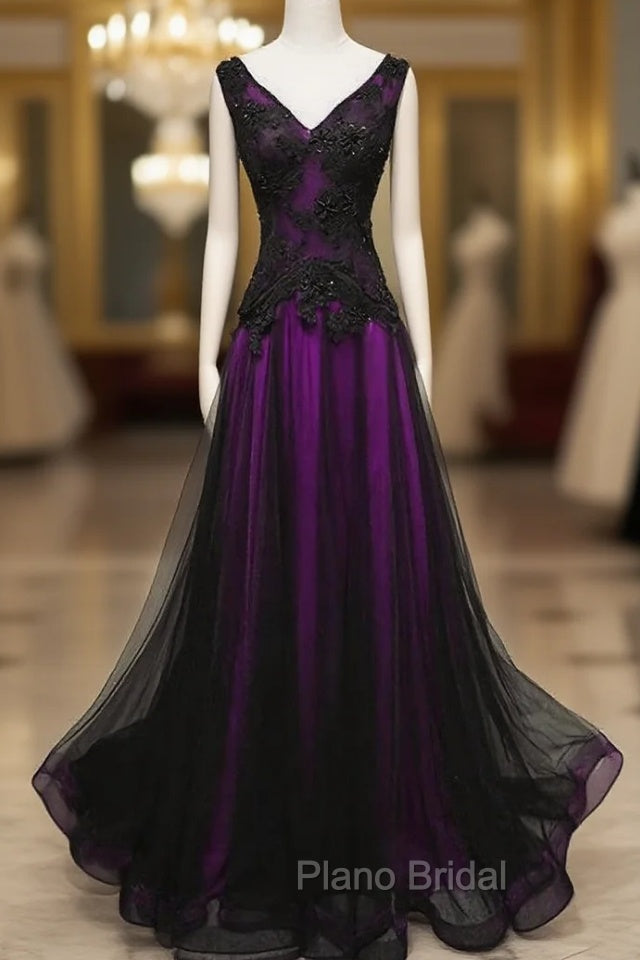 Black and Purple V-neckline A-line Formal Prom Dresses, Tulle with Lace Party Dresses Main image