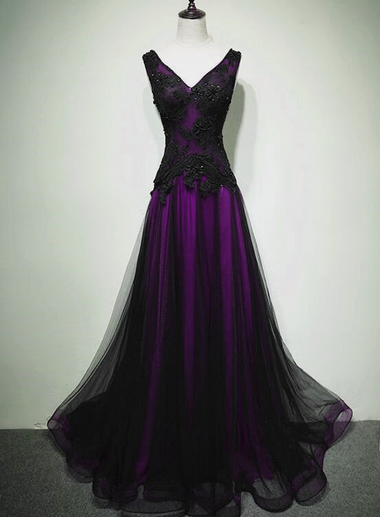 Black And Purple V-Neckline A-Line Formal Prom Dresses, Tulle With Lace Party Dresses Main image