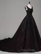 Black And Red Backless Tulle Long Formal Gown, Black And Red Long Formal Prom Dresses