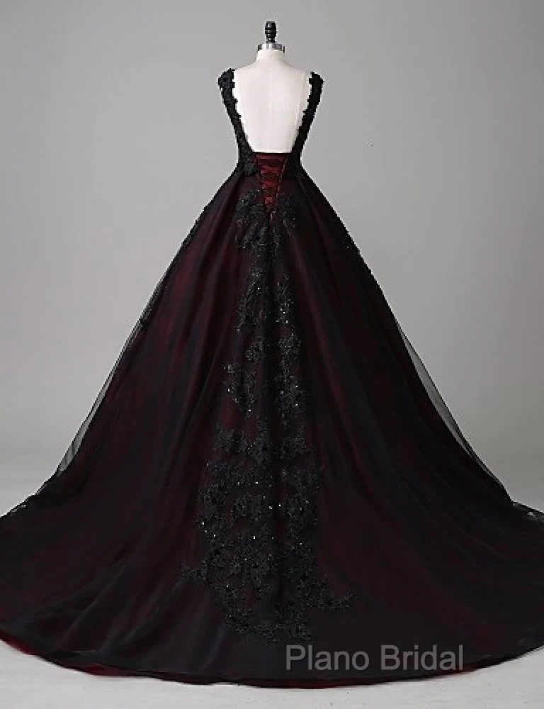 Black And Red Backless Tulle Long Formal Gown, Black And Red Long Formal Prom Dresses