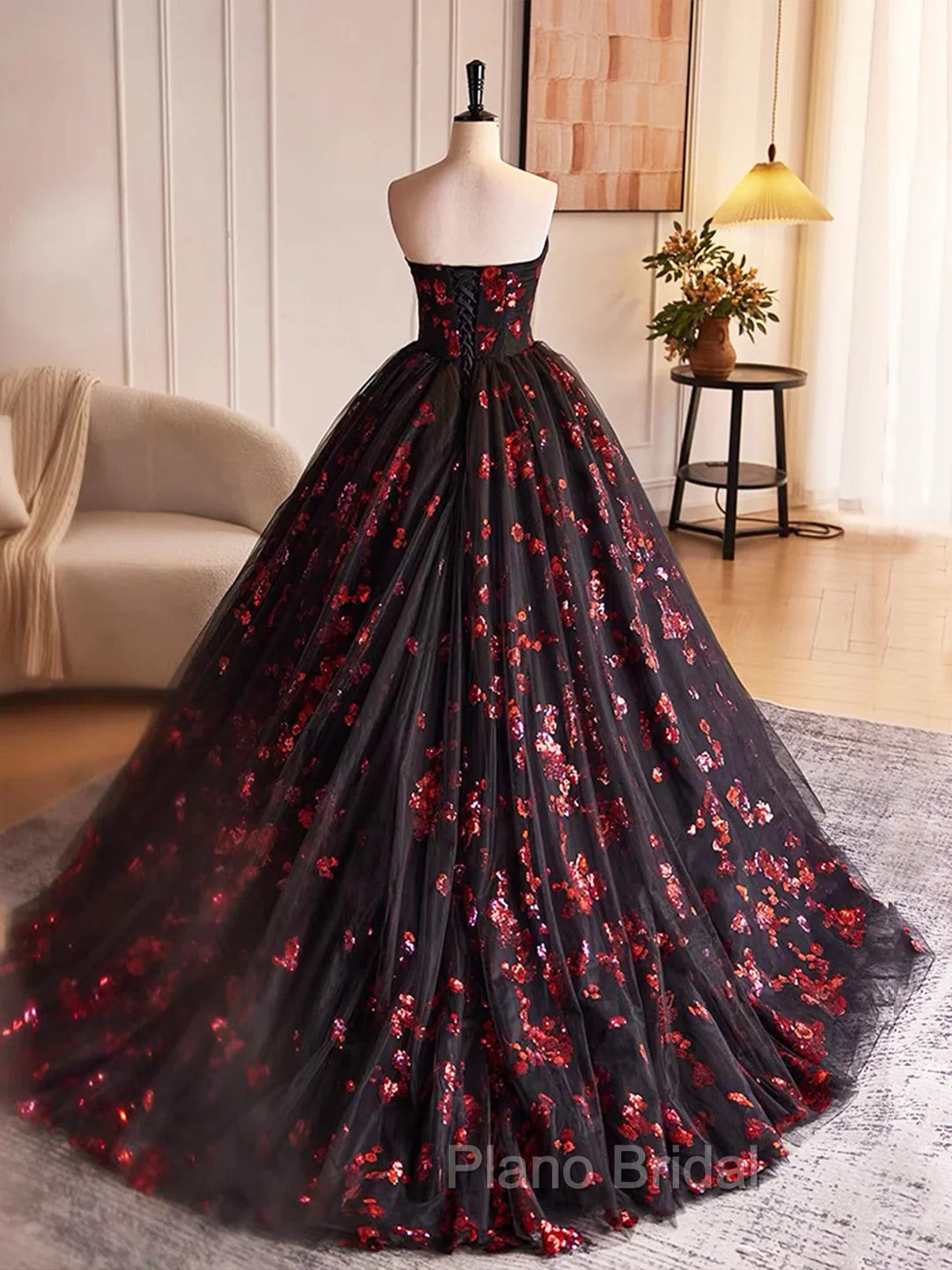 Black and Red Floral Tulle Long Party Dresses, Strapless Formal Sweet 16 Dresses Secondary image