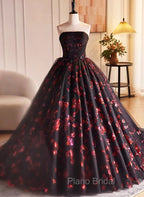 Black and Red Floral Tulle Long Party Dresses, Strapless Formal Sweet 16 Dresses