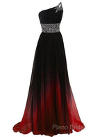 Black And Red Gradient Chiffon One Shoulder Beaded Party Dresses, Cute Junior Formal Prom Dresses