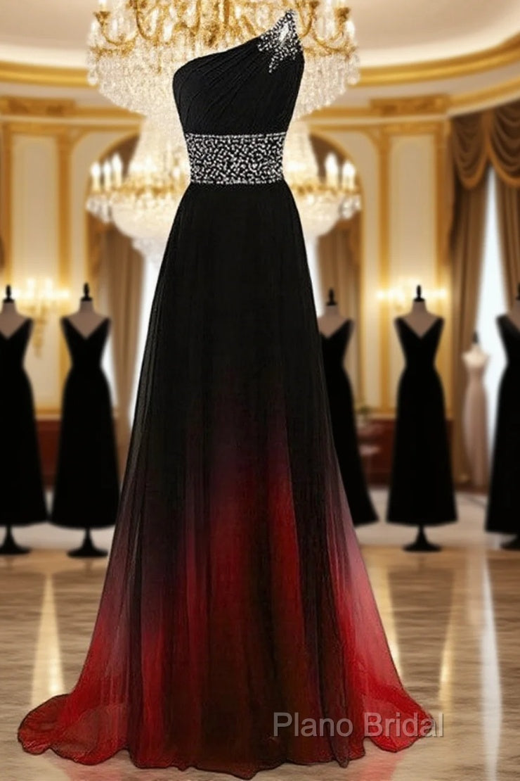 Black And Red Gradient Chiffon One Shoulder Beaded Party Dresses, Cute Junior Formal Prom Dresses Main image