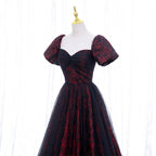 Black And Red Lace Sweetheart Long Party Dresses, Black And Red A-Line Formal Prom Dresses
