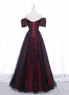 Black And Red Lace Sweetheart Long Party Dresses, Black And Red A-Line Formal Prom Dresses