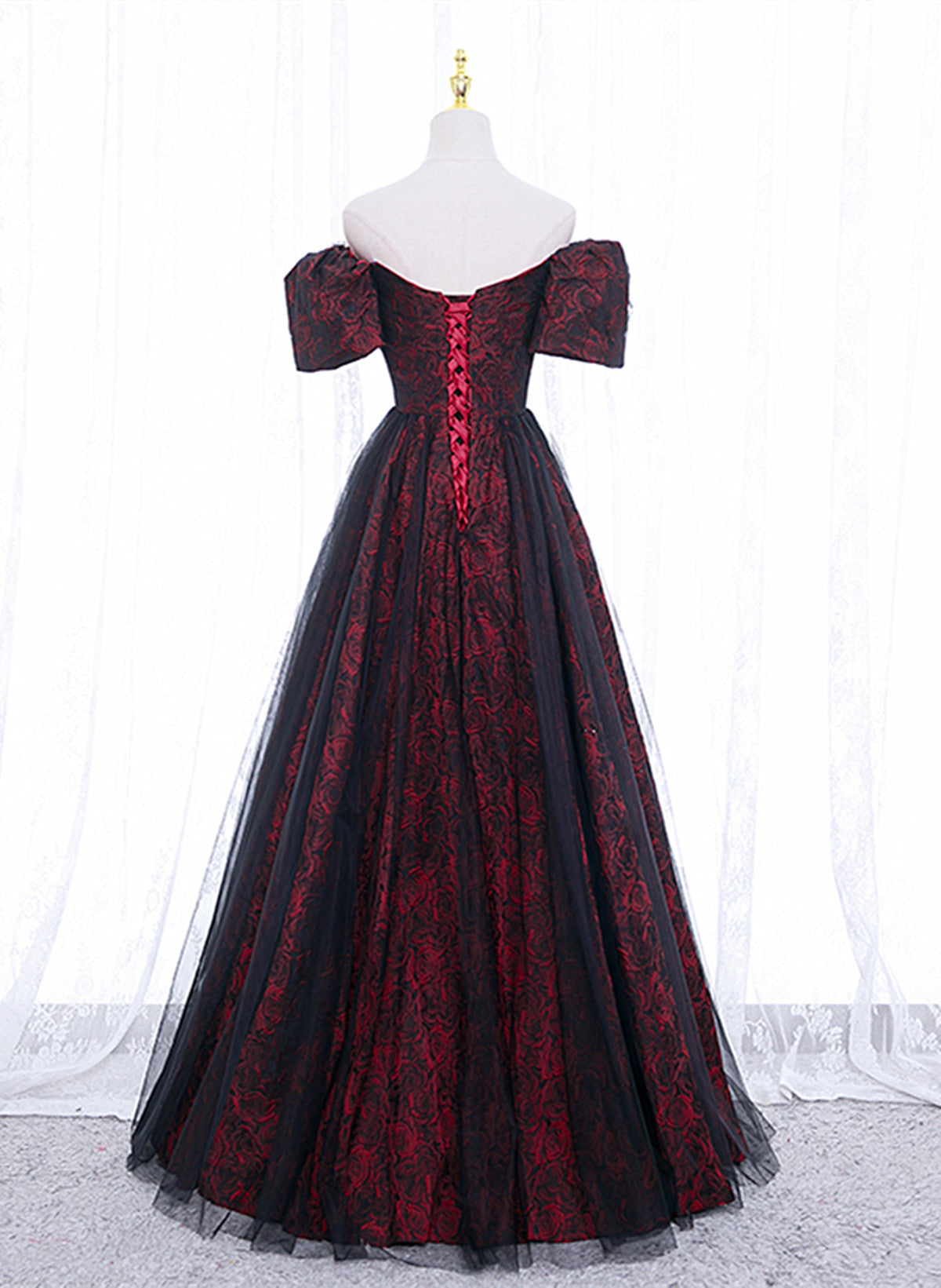 Black And Red Lace Sweetheart Long Party Dresses, Black And Red A-Line Formal Prom Dresses