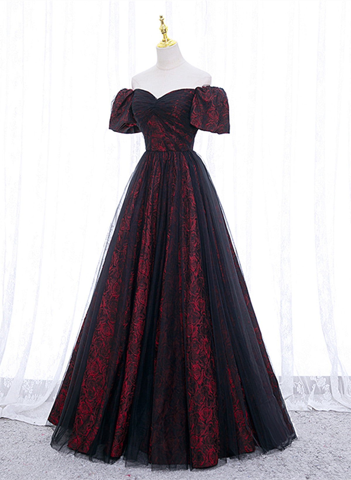 Black And Red Lace Sweetheart Long Party Dresses, Black And Red A-Line Formal Prom Dresses