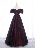 Black And Red Lace Sweetheart Long Party Dresses, Black And Red A-Line Formal Prom Dresses
