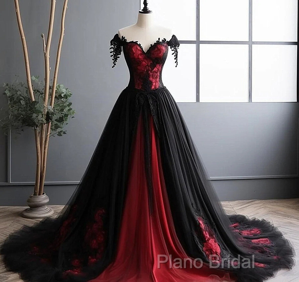 Black And Red Lace Tulle Off Shoulder Formal Prom Dresses, Black And Red Formal Dresses Secondary image