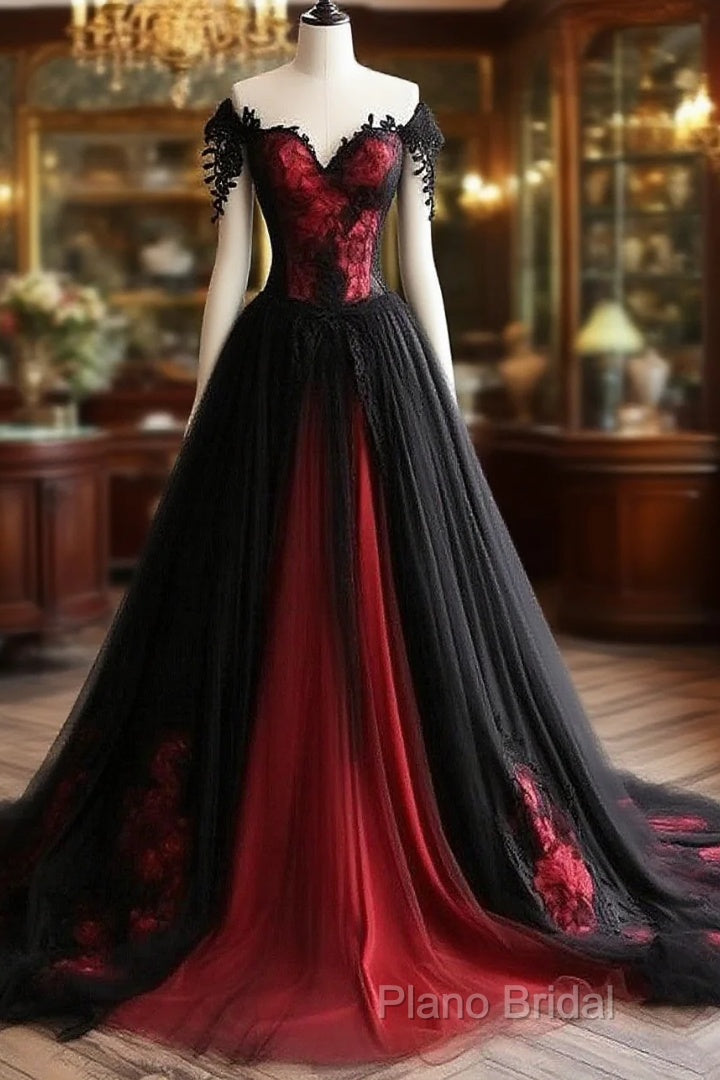 Black And Red Lace Tulle Off Shoulder Formal Prom Dresses, Black And Red Formal Dresses Main image